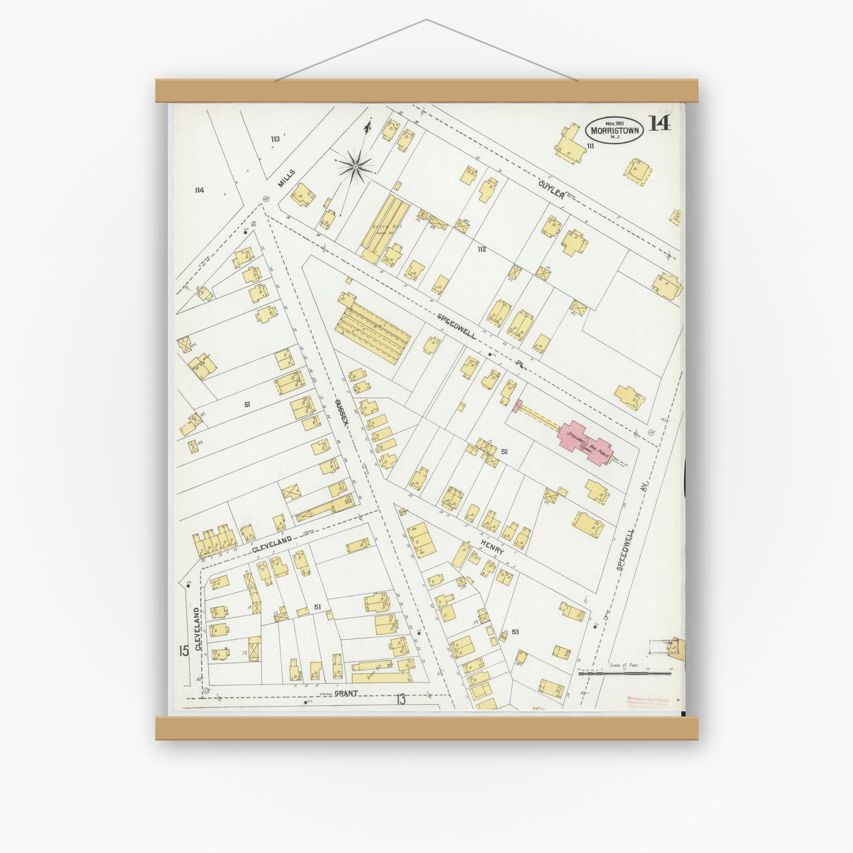 Old map wall art mockup — magnetic wood frame on white wall — Sanborn Fire Insurance Map from Morristown, Morris County, New Jersey (1901), Sheet #0014