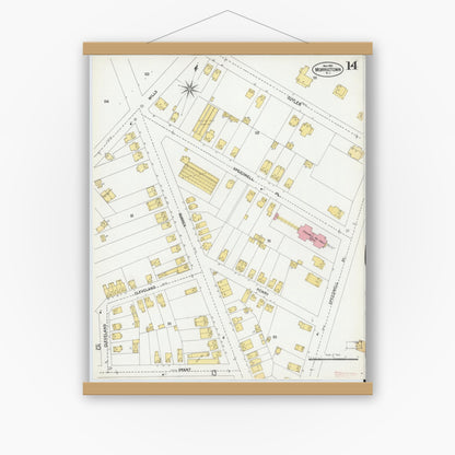 Old map wall art mockup — magnetic wood frame on white wall — Sanborn Fire Insurance Map from Morristown, Morris County, New Jersey (1901), Sheet #0014