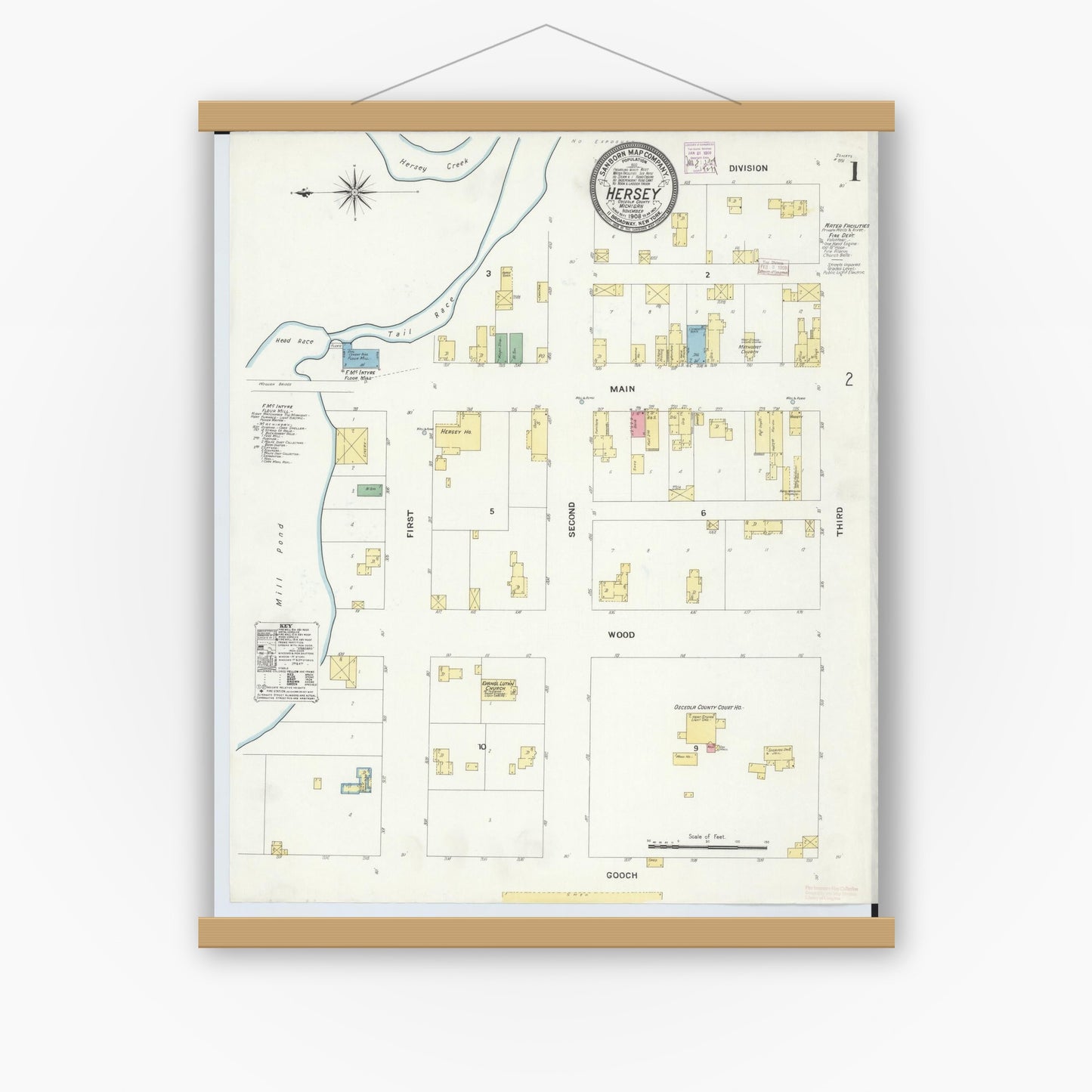 Old map wall art mockup — magnetic wood frame on white wall — Sanborn Fire Insurance Map from Hersey, Osceola County, Michigan (1908) - Complete Map Set
