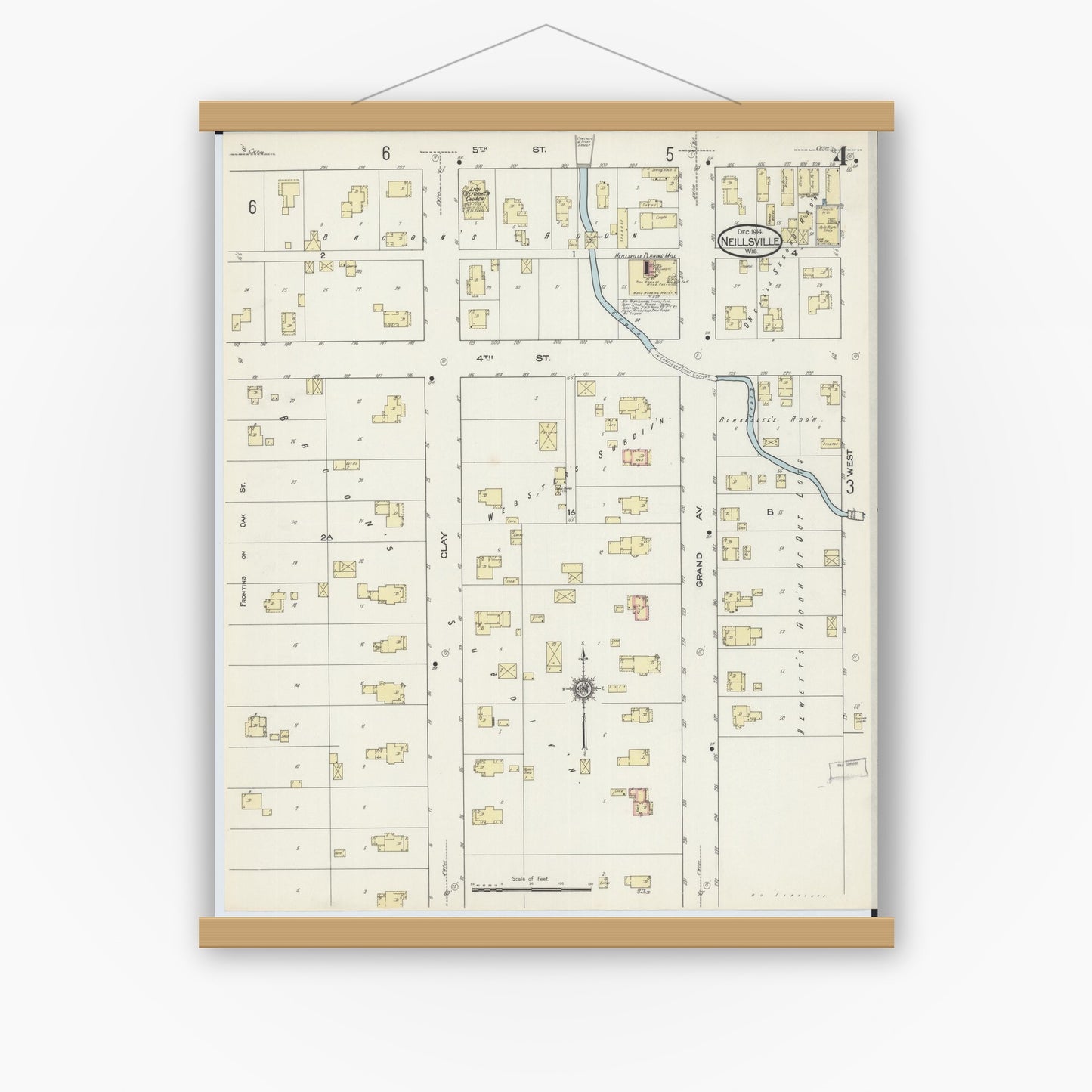 Old map wall art mockup — magnetic wood frame on white wall — Sanborn Fire Insurance Map from Neillsville, Clark County, Wisconsin (1914), Sheet #0004