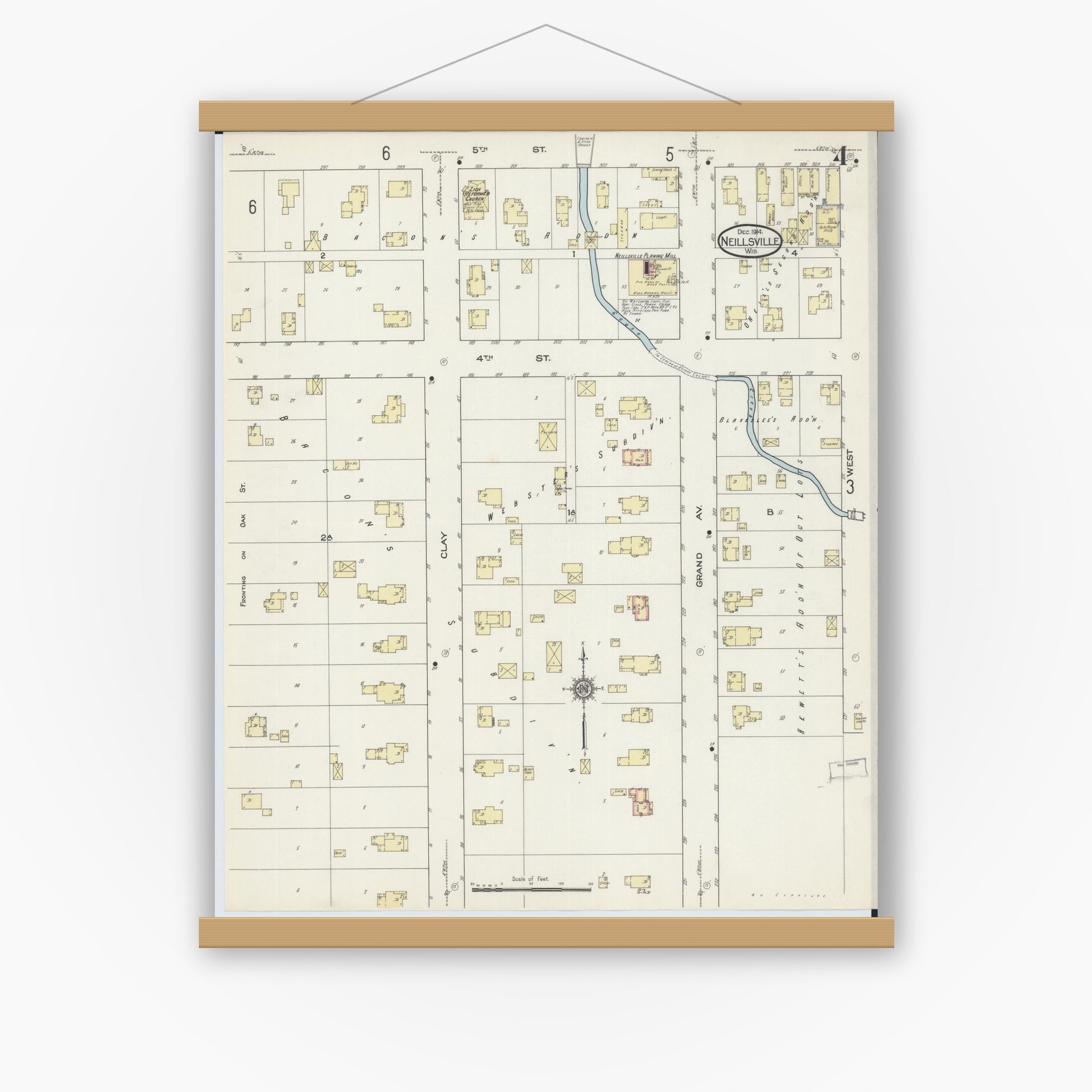Old map wall art mockup — magnetic wood frame on white wall — Sanborn Fire Insurance Map from Neillsville, Clark County, Wisconsin (1914), Sheet #0004