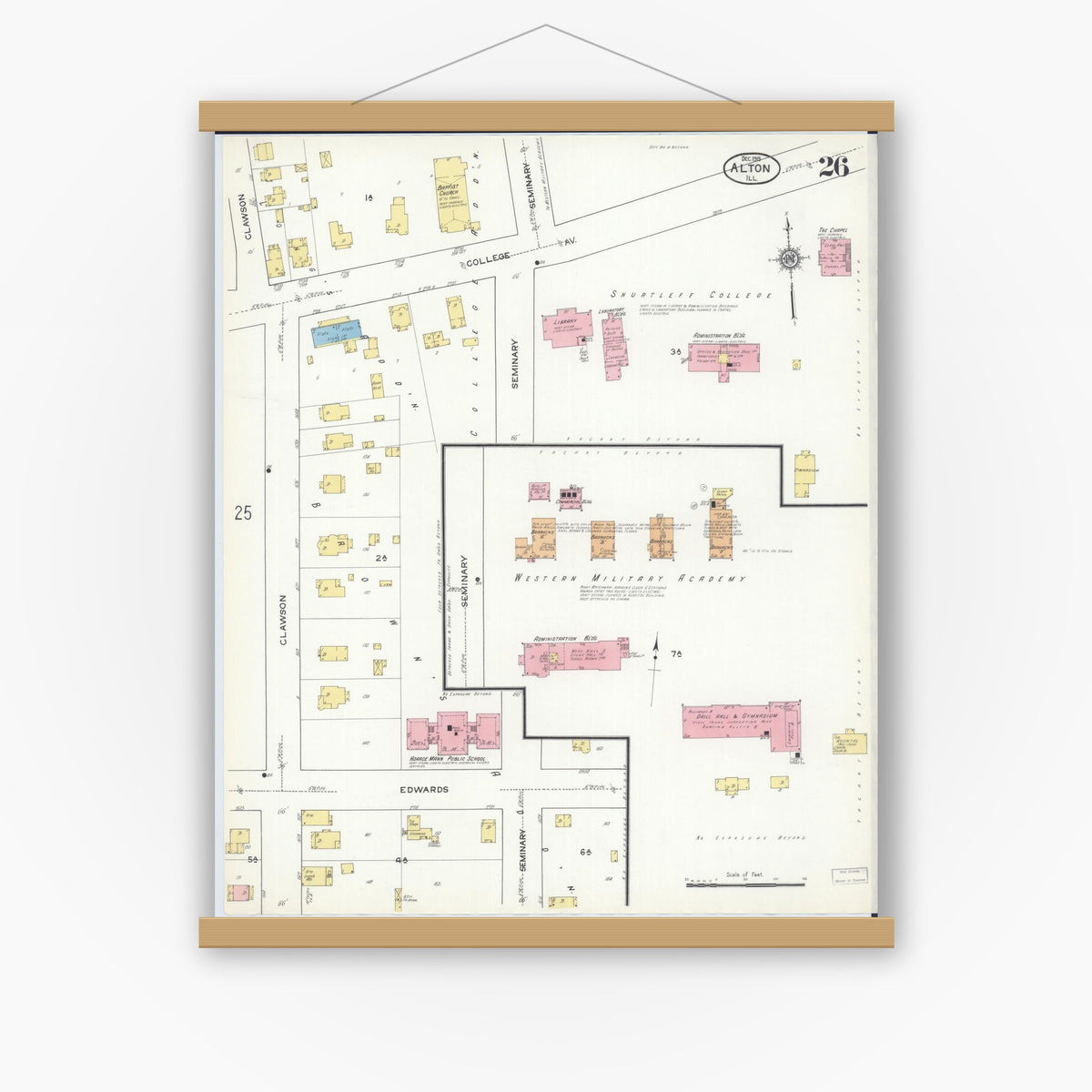 Old map wall art mockup — magnetic wood frame on white wall — Sanborn Fire Insurance Map from Alton, Madison County, Illinois (1915), Sheet #0026