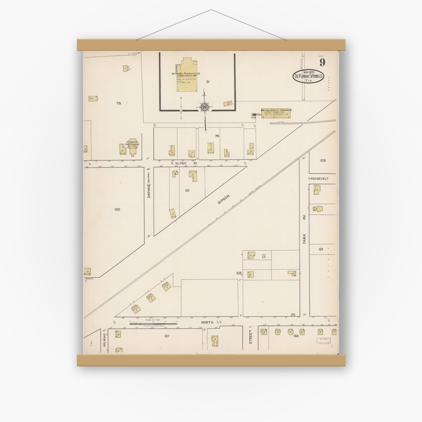 Old map wall art mockup — magnetic wood frame on white wall — Sanborn Fire Insurance Map from De Funiak Springs, Walton County, Florida (1922), Sheet #0009