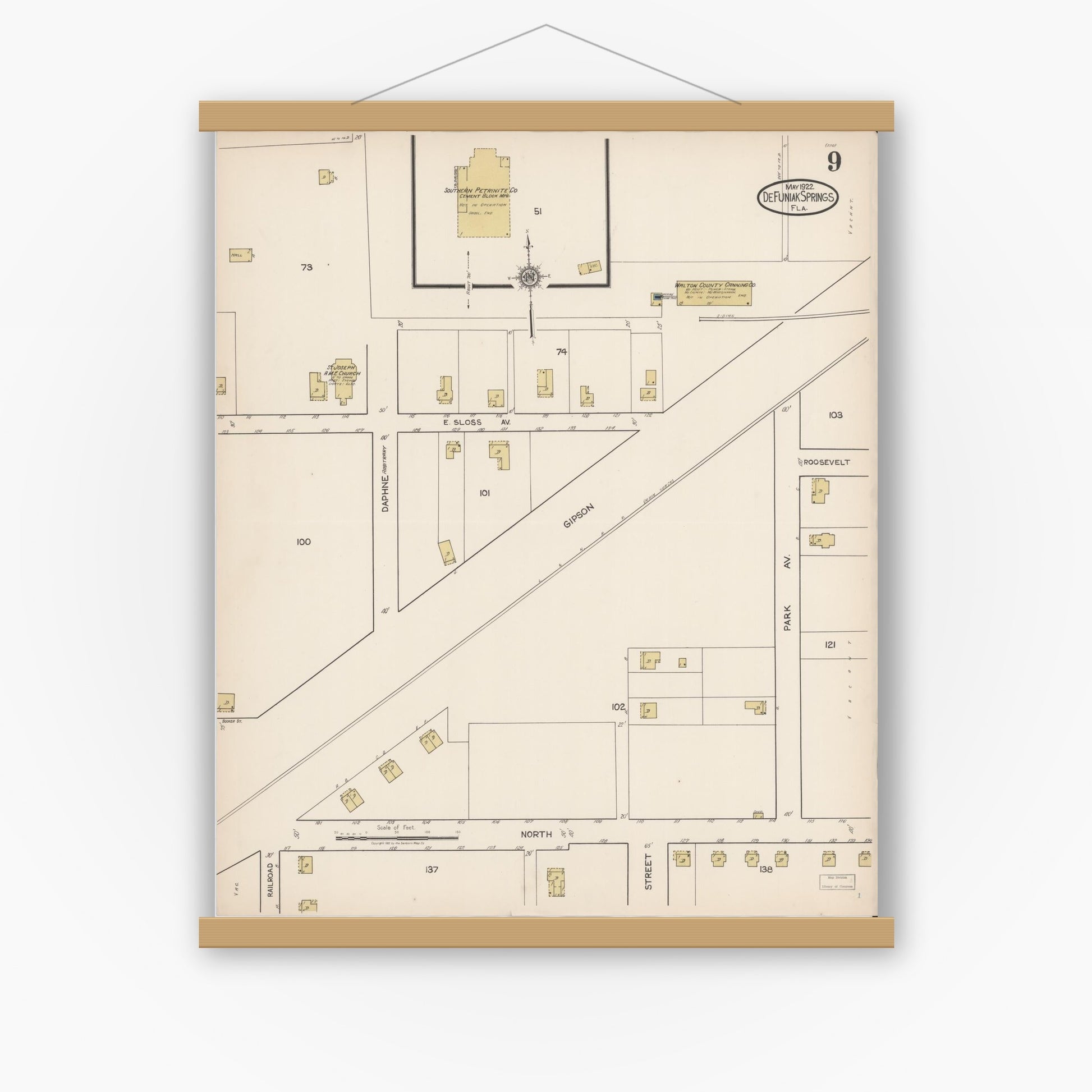 Old map wall art mockup — magnetic wood frame on white wall — Sanborn Fire Insurance Map from De Funiak Springs, Walton County, Florida (1922), Sheet #0009
