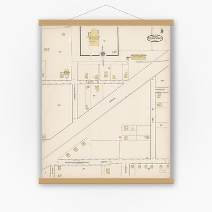 Old map wall art mockup — magnetic wood frame on white wall — Sanborn Fire Insurance Map from De Funiak Springs, Walton County, Florida (1922), Sheet #0009