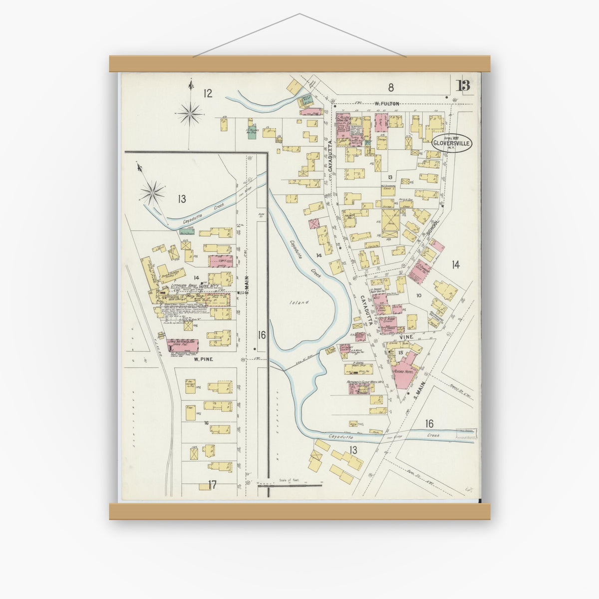 Old map wall art mockup — magnetic wood frame on white wall — Sanborn Fire Insurance Map from Gloversville, Fulton County, New York (1897), Sheet #0013