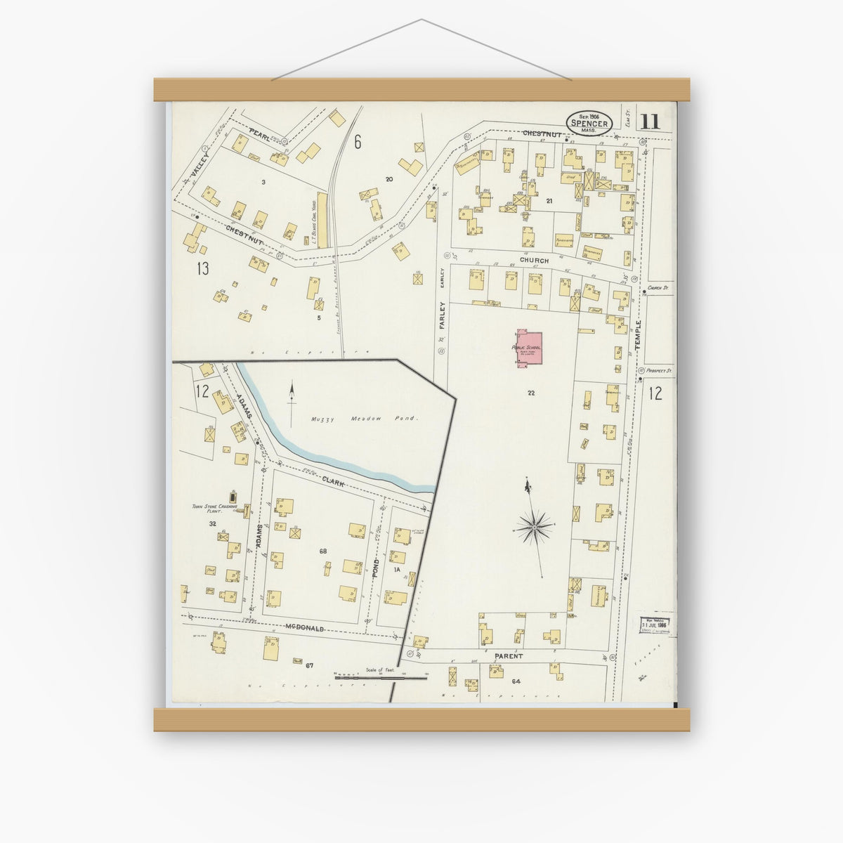 Old map wall art mockup — magnetic wood frame on white wall — Sanborn Fire Insurance Map from Spencer, Worcester County, Massachusetts (1906), Sheet #0011