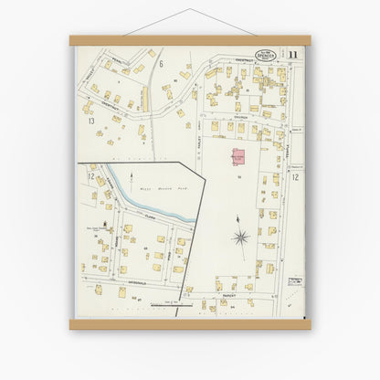 Old map wall art mockup — magnetic wood frame on white wall — Sanborn Fire Insurance Map from Spencer, Worcester County, Massachusetts (1906), Sheet #0011