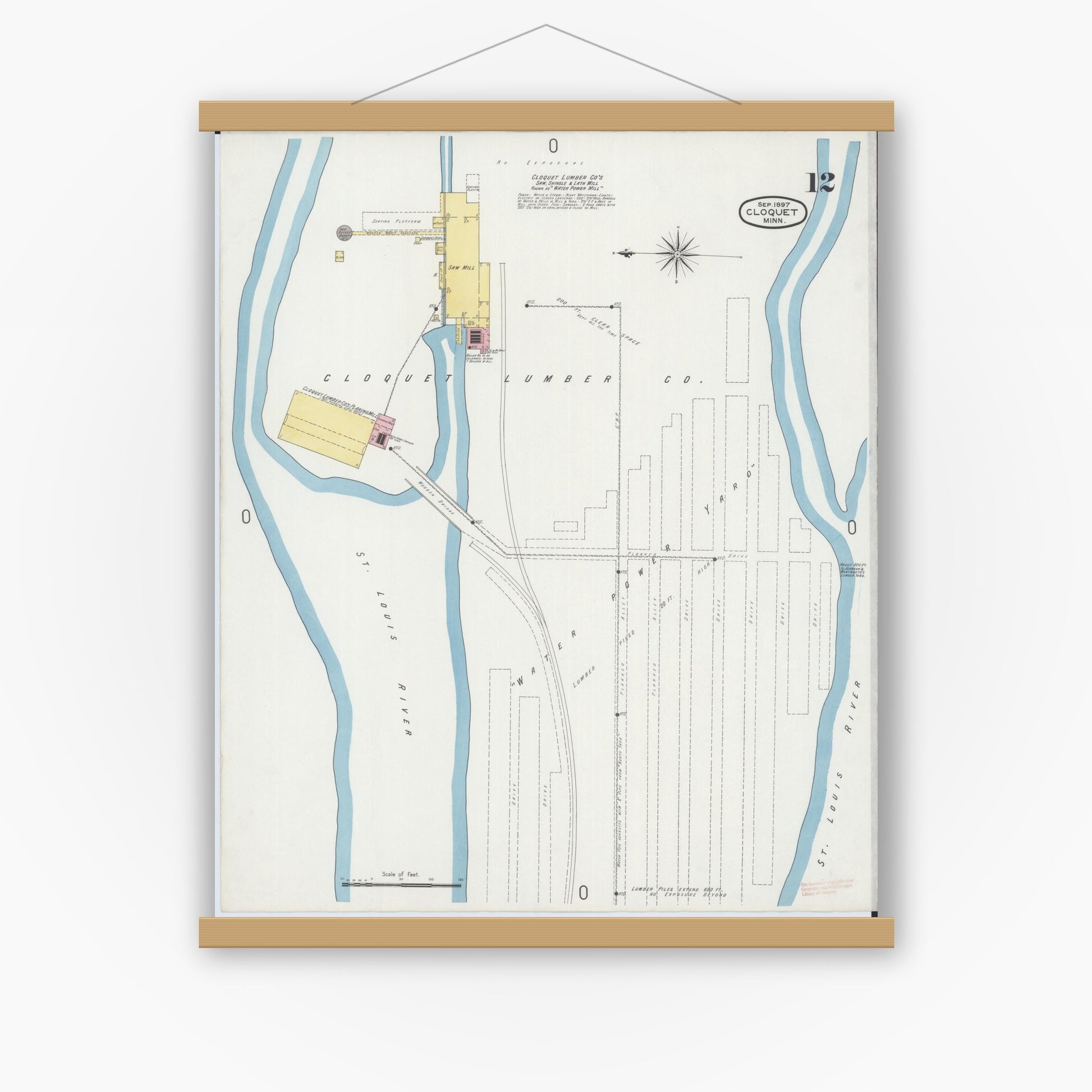 Old map wall art mockup — magnetic wood frame on white wall — Sanborn Fire Insurance Map from Cloquet, Carlton County, Minnesota (1897), Sheet #0012