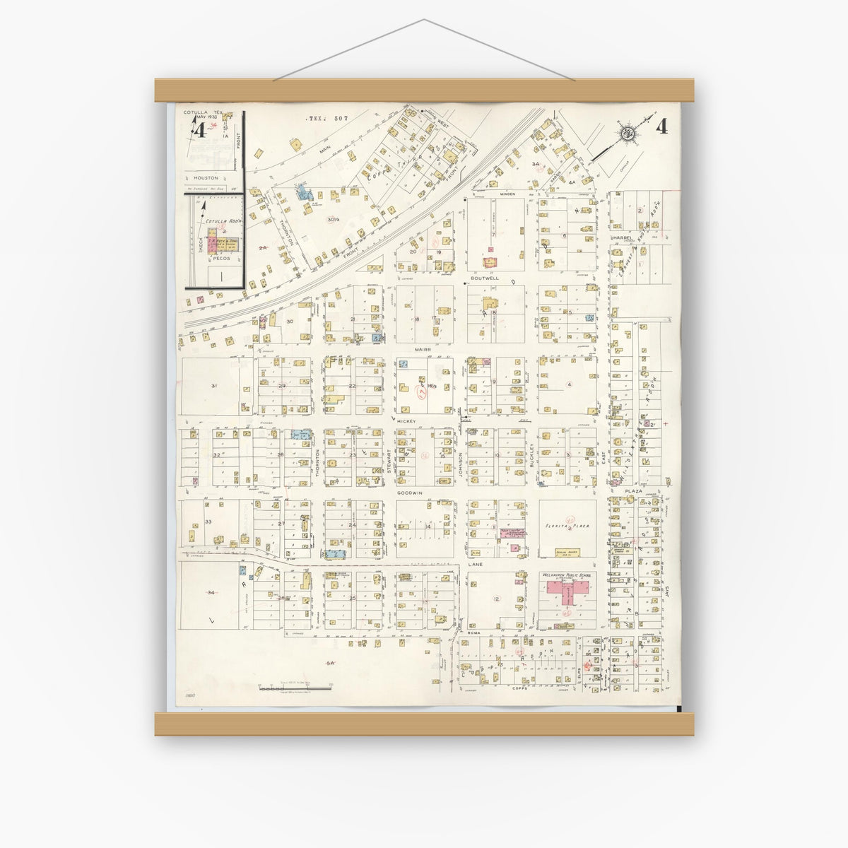 Old map wall art mockup — magnetic wood frame on white wall — Sanborn Fire Insurance Map from Cotulla, La Salle County, Texas (1948), Sheet #0004