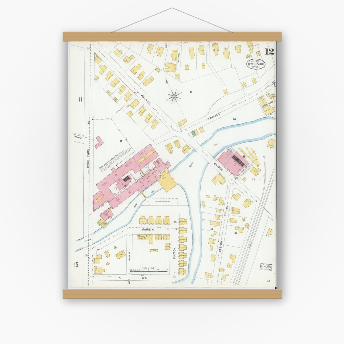 Old map wall art mockup — magnetic wood frame on white wall — Sanborn Fire Insurance Map from Hyde Park, Norfolk County, Massachusetts (1905), Sheet #0012