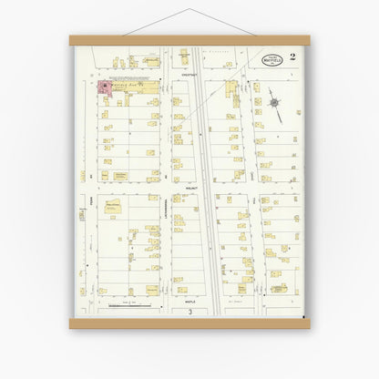Old map wall art mockup — magnetic wood frame on white wall — Sanborn Fire Insurance Map from Mayfield, Lackawanna County, Pennsylvania (1912), Sheet #0002