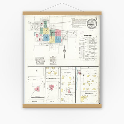 Old map wall art mockup — magnetic wood frame on white wall — Sanborn Fire Insurance Map from Knoxville, Marion County, Iowa (1913) â€” Complete Set