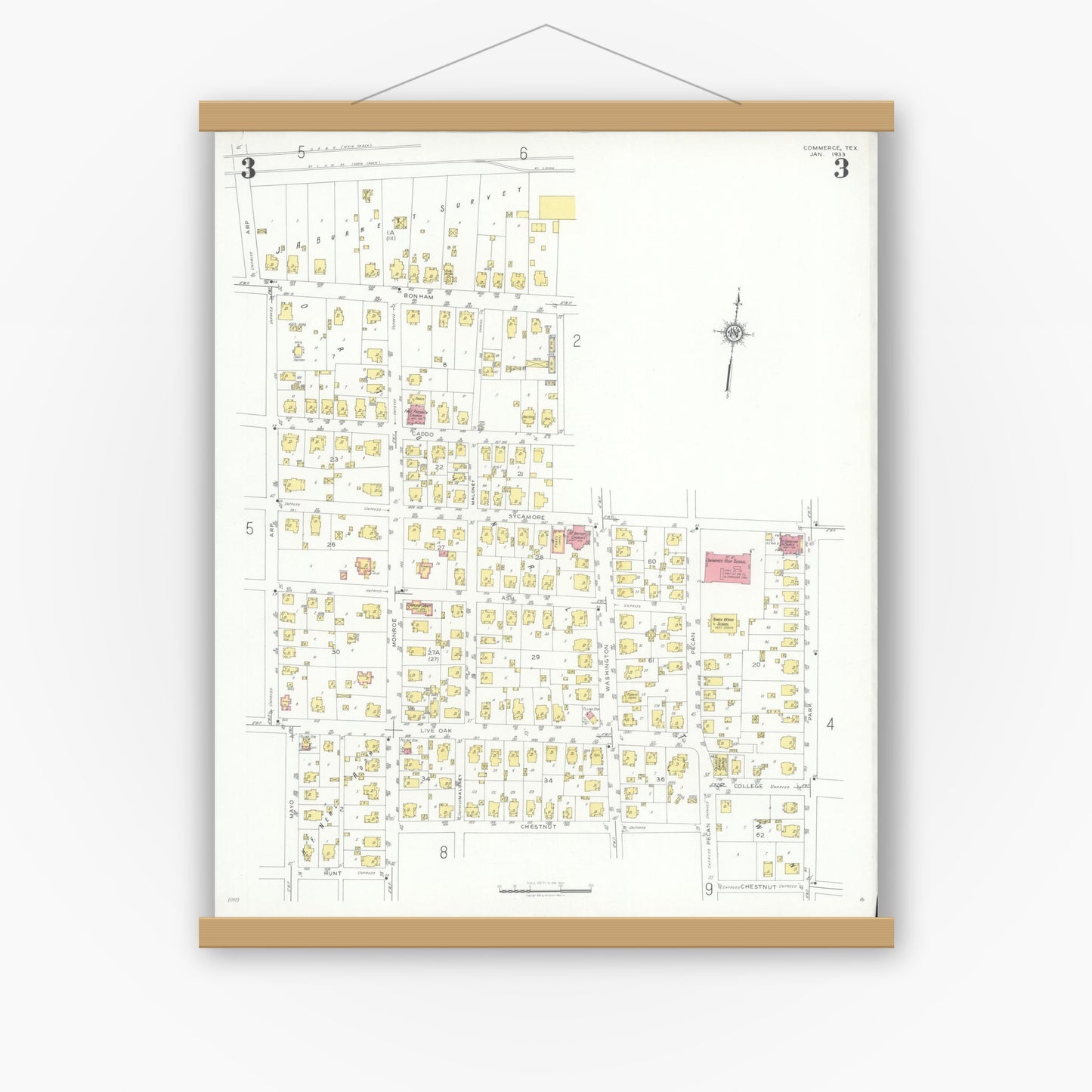Old map wall art mockup — magnetic wood frame on white wall — Sanborn Fire Insurance Map from Commerce, Hunt County, Texas (1933), Sheet #0003