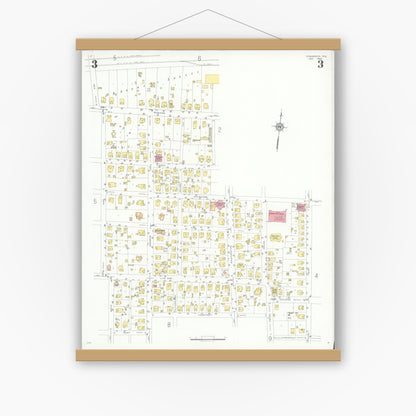 Old map wall art mockup — magnetic wood frame on white wall — Sanborn Fire Insurance Map from Commerce, Hunt County, Texas (1933), Sheet #0003