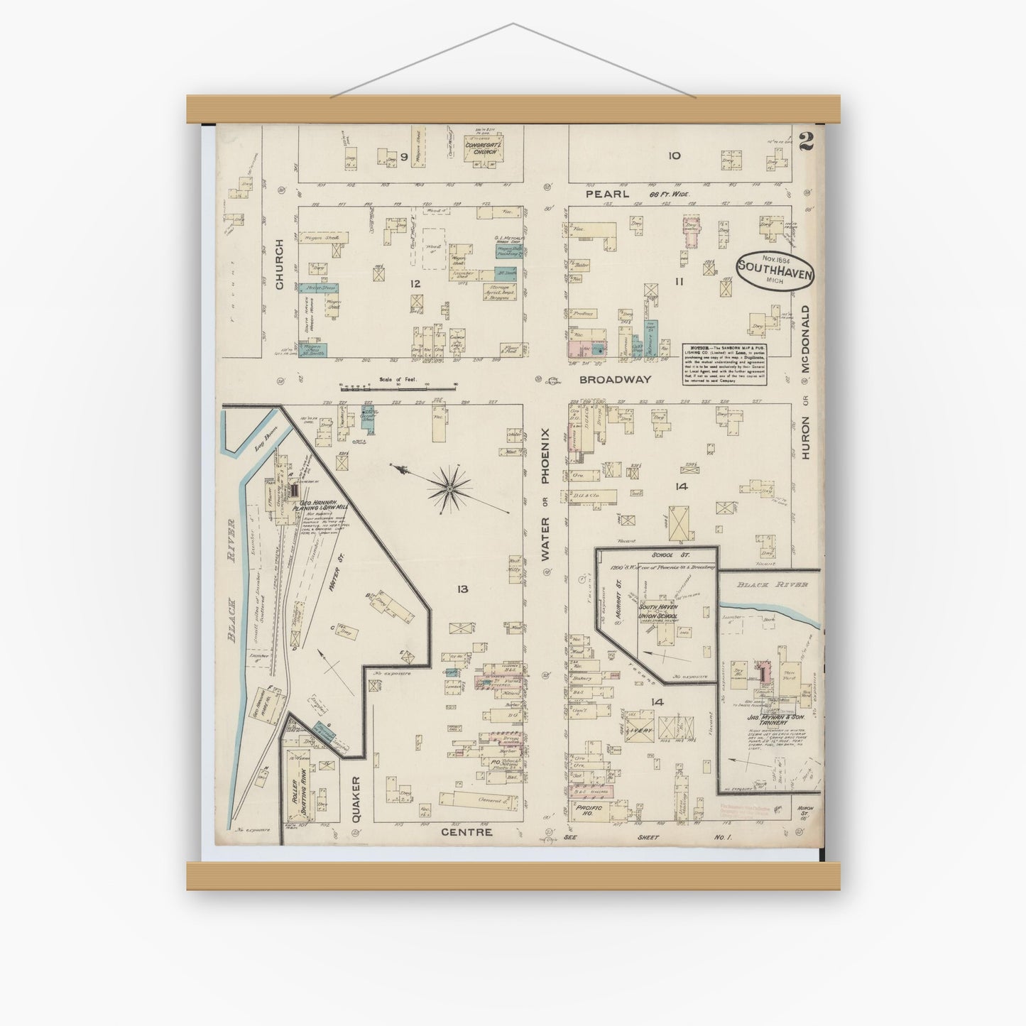 Old map wall art mockup — magnetic wood frame on white wall — Sanborn Fire Insurance Map from South Haven, Van Buren County, Michigan (1884), Sheet #0002