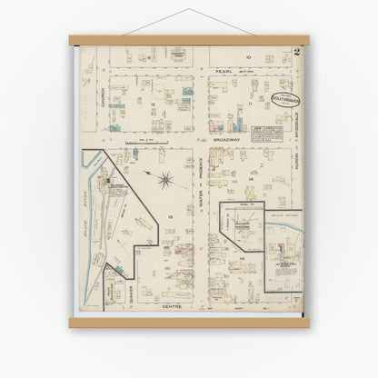 Old map wall art mockup — magnetic wood frame on white wall — Sanborn Fire Insurance Map from South Haven, Van Buren County, Michigan (1884), Sheet #0002