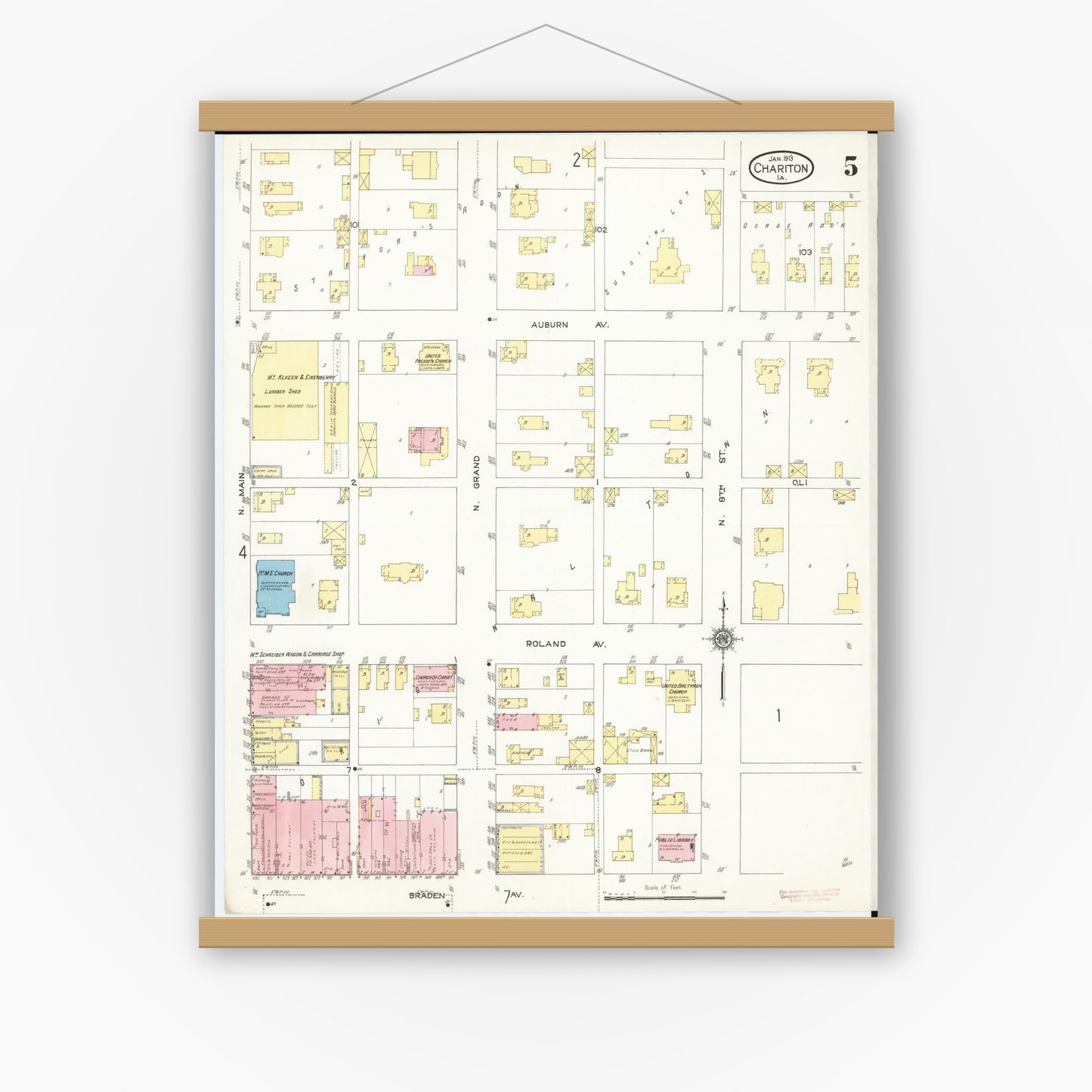 Old map wall art mockup — magnetic wood frame on white wall — Sanborn Fire Insurance Map from Chariton, Lucas County, Iowa (1913), Sheet #0005