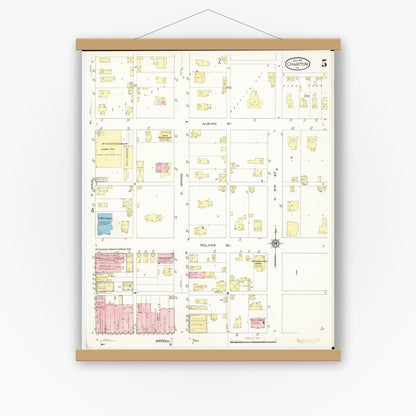 Old map wall art mockup — magnetic wood frame on white wall — Sanborn Fire Insurance Map from Chariton, Lucas County, Iowa (1913), Sheet #0005