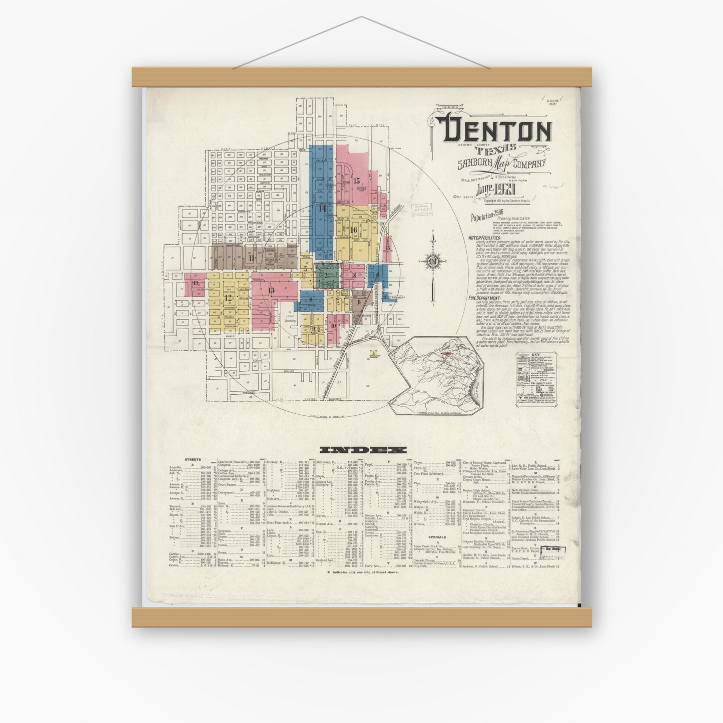 Old map wall art mockup — magnetic wood frame on white wall — Sanborn Fire Insurance Map from Denton, Denton County, Texas (1921) - Complete Map Set