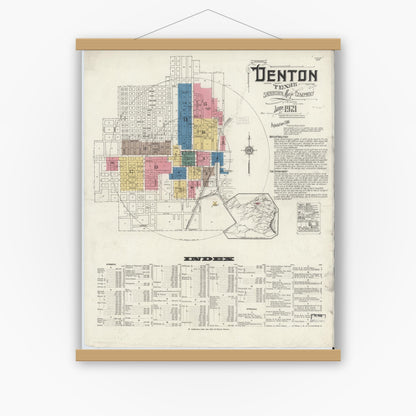 Old map wall art mockup — magnetic wood frame on white wall — Sanborn Fire Insurance Map from Denton, Denton County, Texas (1921) - Complete Map Set