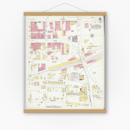 Old map wall art mockup — magnetic wood frame on white wall — Sanborn Fire Insurance Map from Charlottesville, Independent Cities, Virginia (1907), Sheet #0002