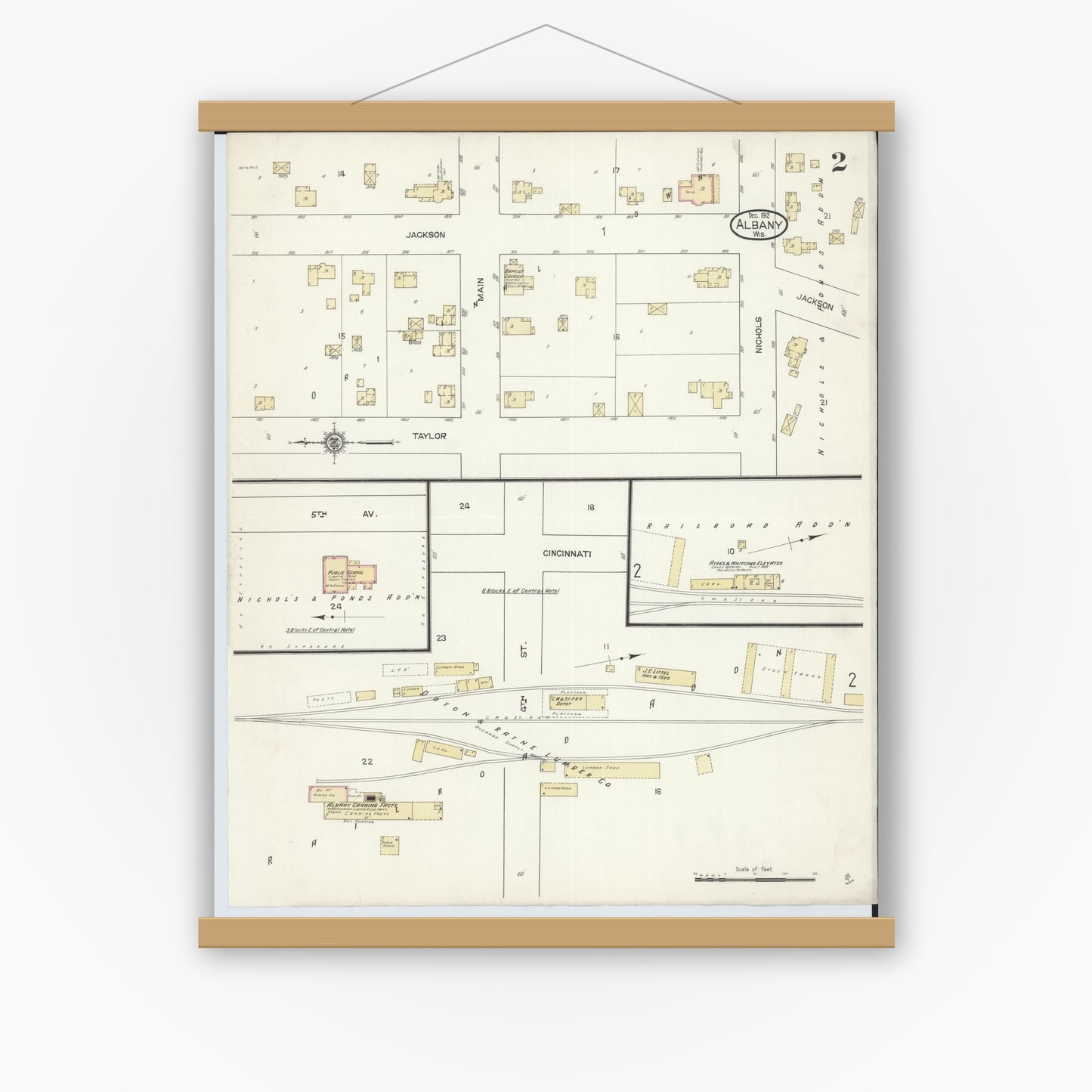 Old map wall art mockup — magnetic wood frame on white wall — Sanborn Fire Insurance Map from Albany, Green County, Wisconsin (1912), Sheet #0002