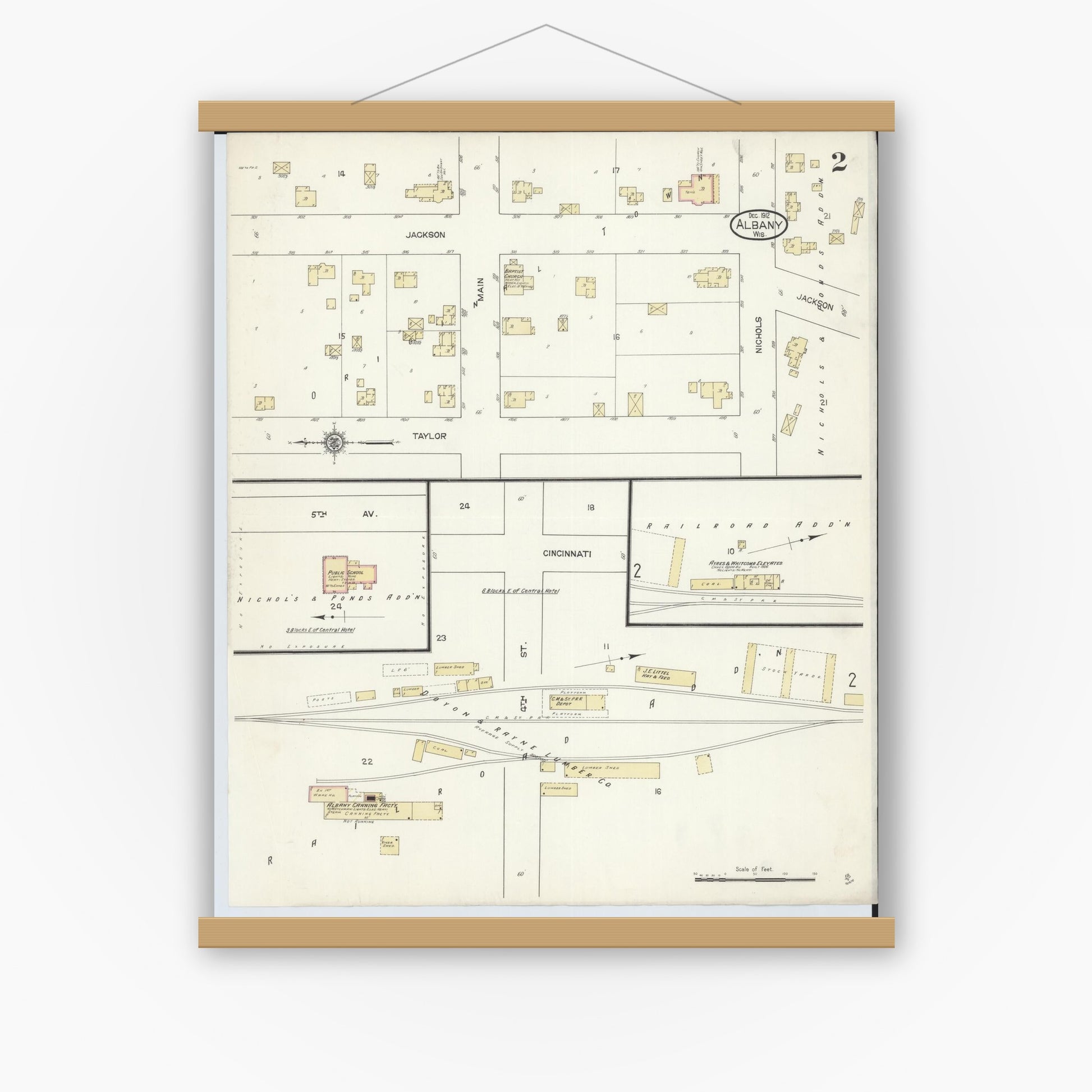 Old map wall art mockup — magnetic wood frame on white wall — Sanborn Fire Insurance Map from Albany, Green County, Wisconsin (1912), Sheet #0002