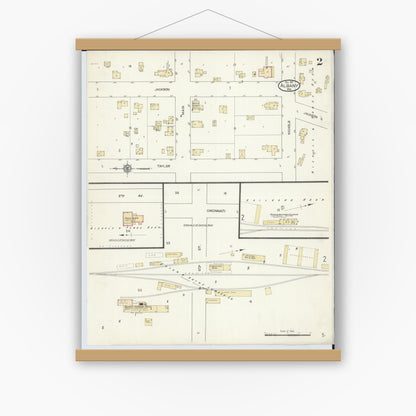 Old map wall art mockup — magnetic wood frame on white wall — Sanborn Fire Insurance Map from Albany, Green County, Wisconsin (1912), Sheet #0002