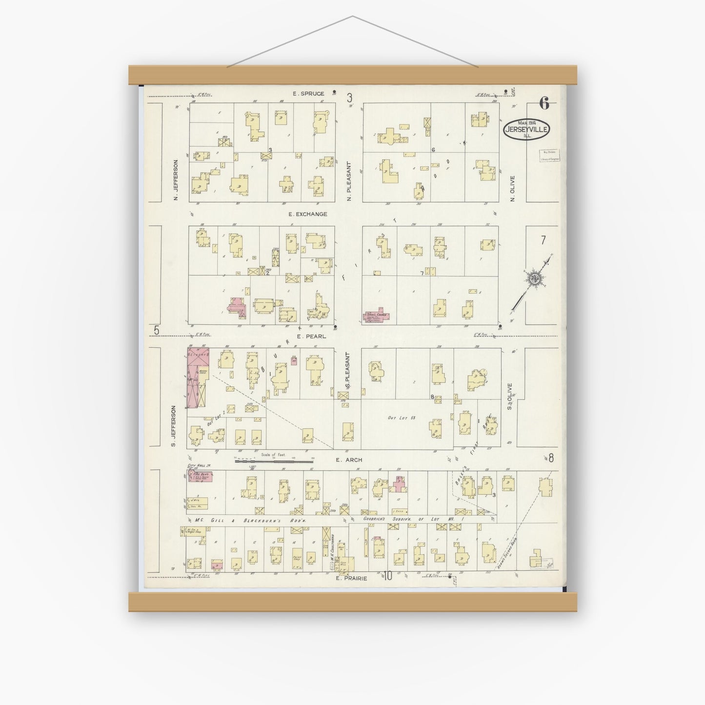 Old map wall art mockup — magnetic wood frame on white wall — Sanborn Fire Insurance Map from Jerseyville, Jersey County, Illinois (1914), Sheet #0006