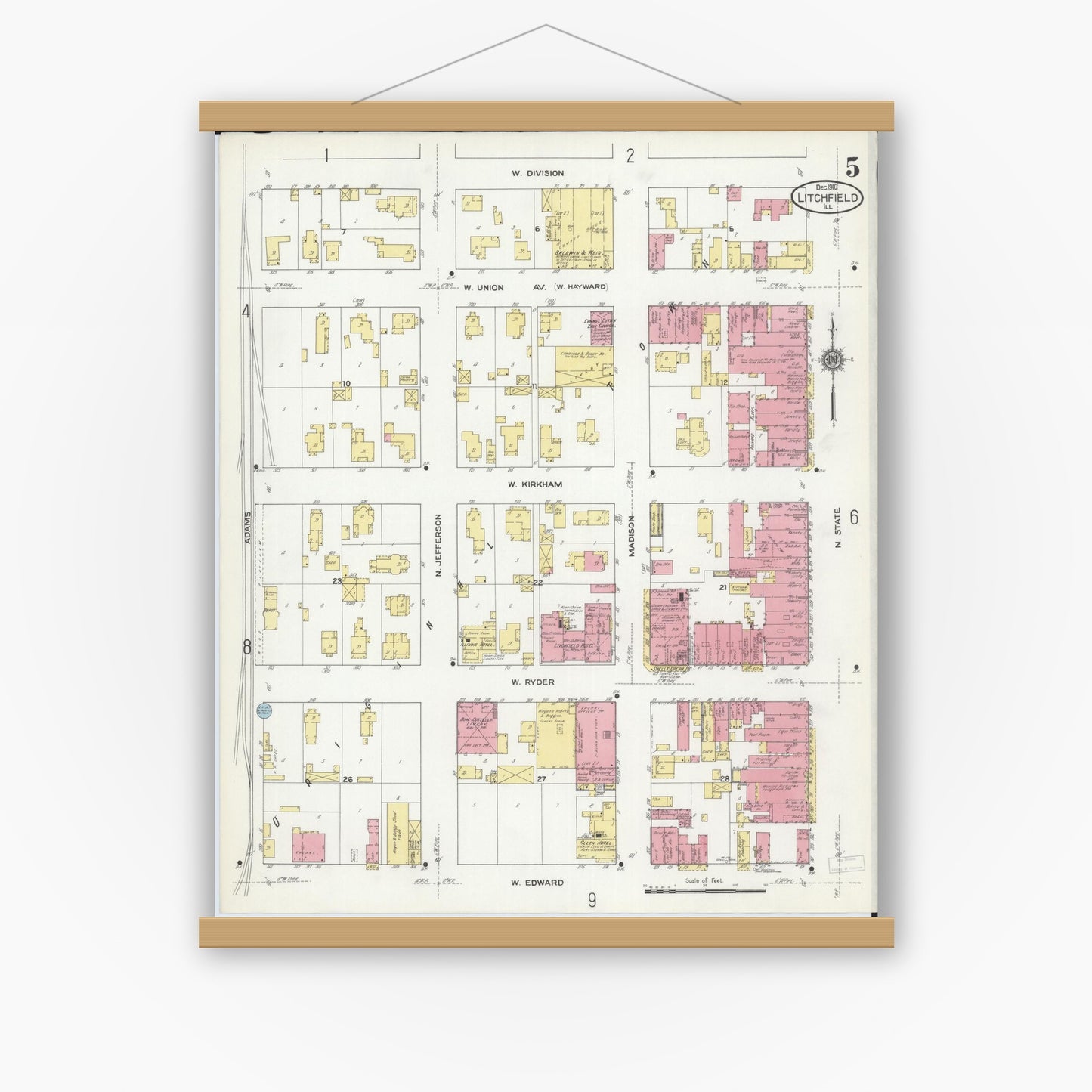 Old map wall art mockup — magnetic wood frame on white wall — Sanborn Fire Insurance Map from Litchfield, Montgomery County, Illinois (1910), Sheet #0005