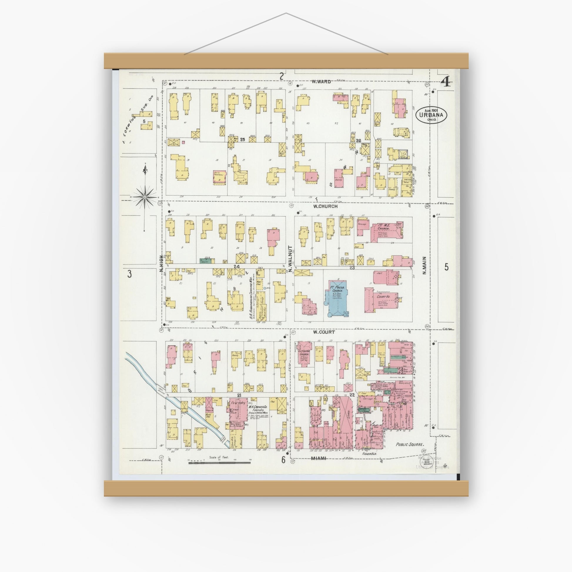 Old map wall art mockup — magnetic wood frame on white wall — Sanborn Fire Insurance Map from Urbana, Champaign County, Ohio (1901), Sheet #0004