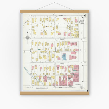 Old map wall art mockup — magnetic wood frame on white wall — Sanborn Fire Insurance Map from Urbana, Champaign County, Ohio (1901), Sheet #0004