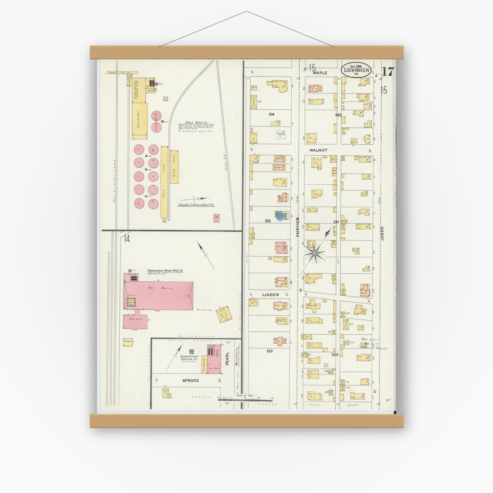 Old map wall art mockup — magnetic wood frame on white wall — Sanborn Fire Insurance Map from Lock Haven, Clinton County, Pennsylvania (1906), Sheet #0017