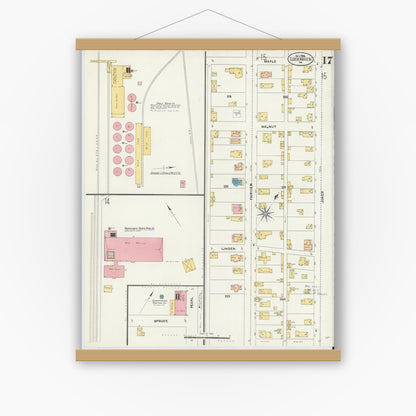 Old map wall art mockup — magnetic wood frame on white wall — Sanborn Fire Insurance Map from Lock Haven, Clinton County, Pennsylvania (1906), Sheet #0017