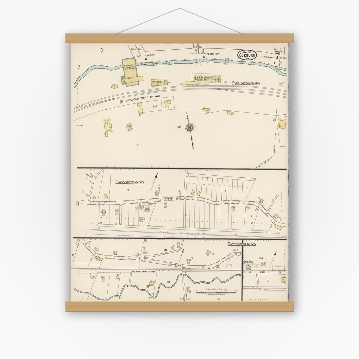 Old map wall art mockup — magnetic wood frame on white wall — Sanborn Fire Insurance Map from Coeburn, Wise County, Virginia (1922), Sheet #0007