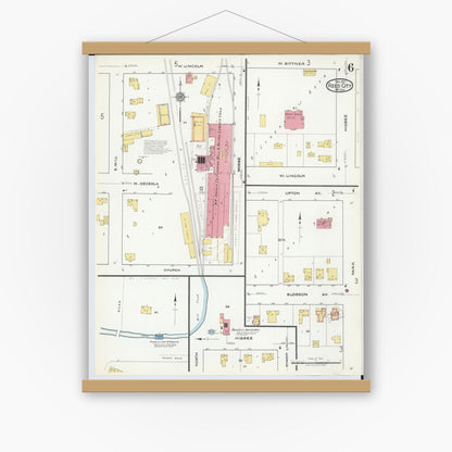 Old map wall art mockup — magnetic wood frame on white wall — Sanborn Fire Insurance Map from Reed City, Osceola County, Michigan (1917), Sheet #0006
