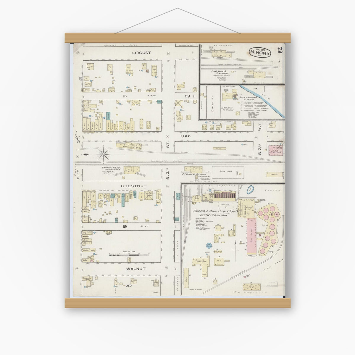 Old map wall art mockup — magnetic wood frame on white wall — Sanborn Fire Insurance Map from Minonk, Woodford County, Illinois (1885), Sheet #0002
