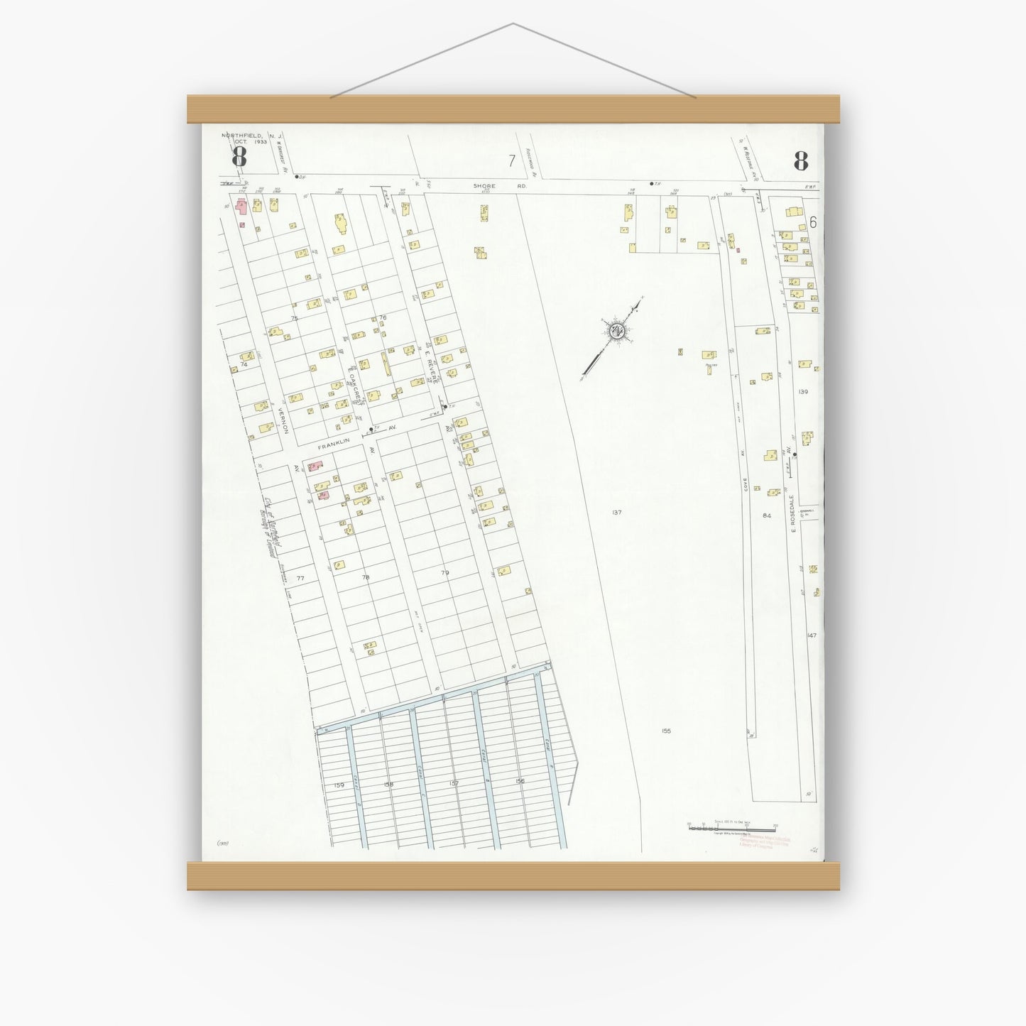 Old map wall art mockup — magnetic wood frame on white wall — Sanborn Fire Insurance Map from Northfield, Atlantic County, New Jersey (1933), Sheet #0008