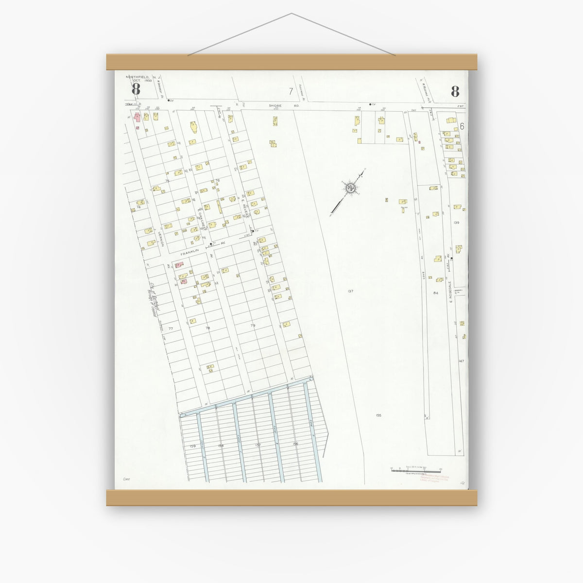 Old map wall art mockup — magnetic wood frame on white wall — Sanborn Fire Insurance Map from Northfield, Atlantic County, New Jersey (1933), Sheet #0008