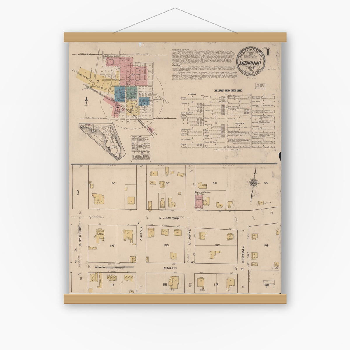 Old map wall art mockup — magnetic wood frame on white wall — Sanborn Fire Insurance Map from Marianna, Jackson County, Florida (1922), Sheet #0001