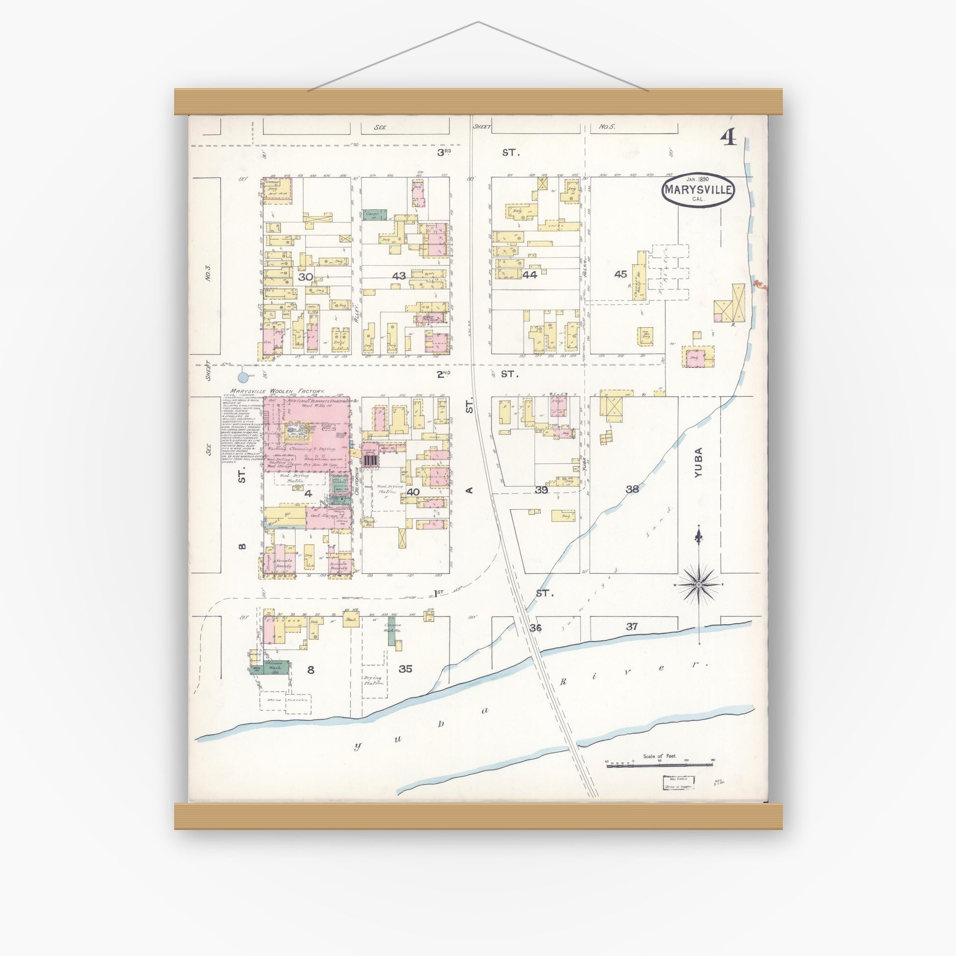 Old map wall art mockup — magnetic wood frame on white wall — Sanborn Fire Insurance Map from Marysville, Yuba County, California (1890), Sheet #0004