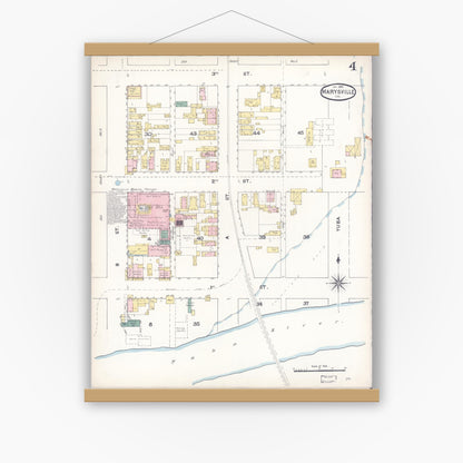 Old map wall art mockup — magnetic wood frame on white wall — Sanborn Fire Insurance Map from Marysville, Yuba County, California (1890), Sheet #0004