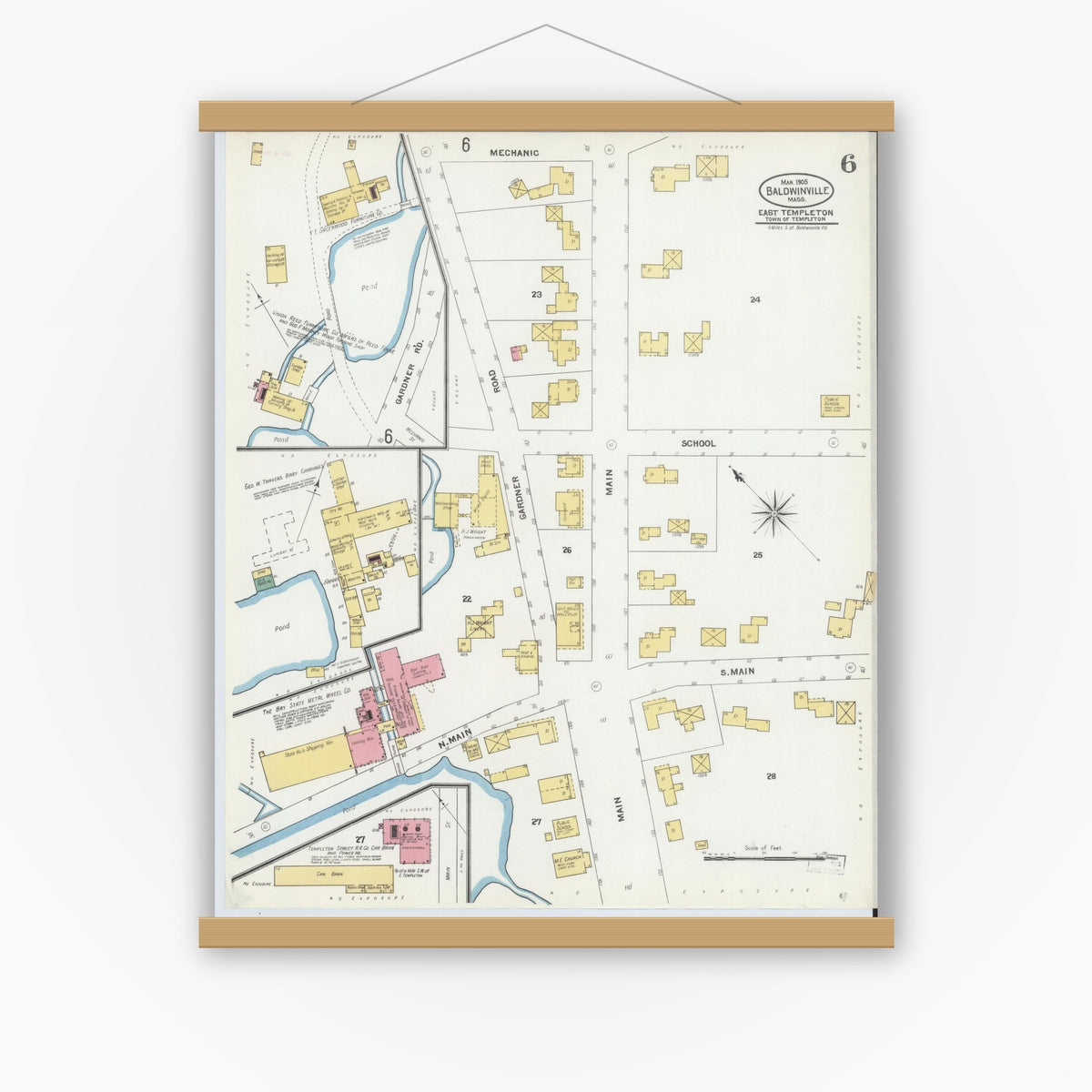 Old map wall art mockup — magnetic wood frame on white wall — Sanborn Fire Insurance Map from Baldwinville, Worcester County, Massachusetts (1905), Sheet #0006
