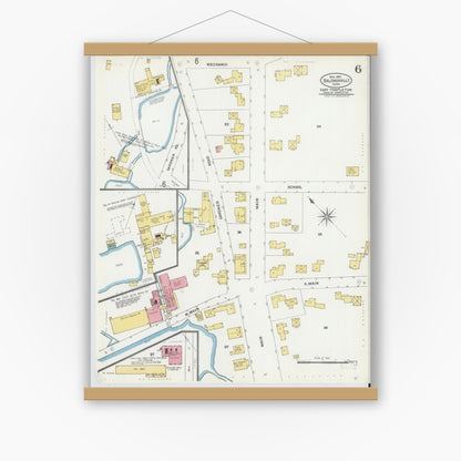 Old map wall art mockup — magnetic wood frame on white wall — Sanborn Fire Insurance Map from Baldwinville, Worcester County, Massachusetts (1905), Sheet #0006