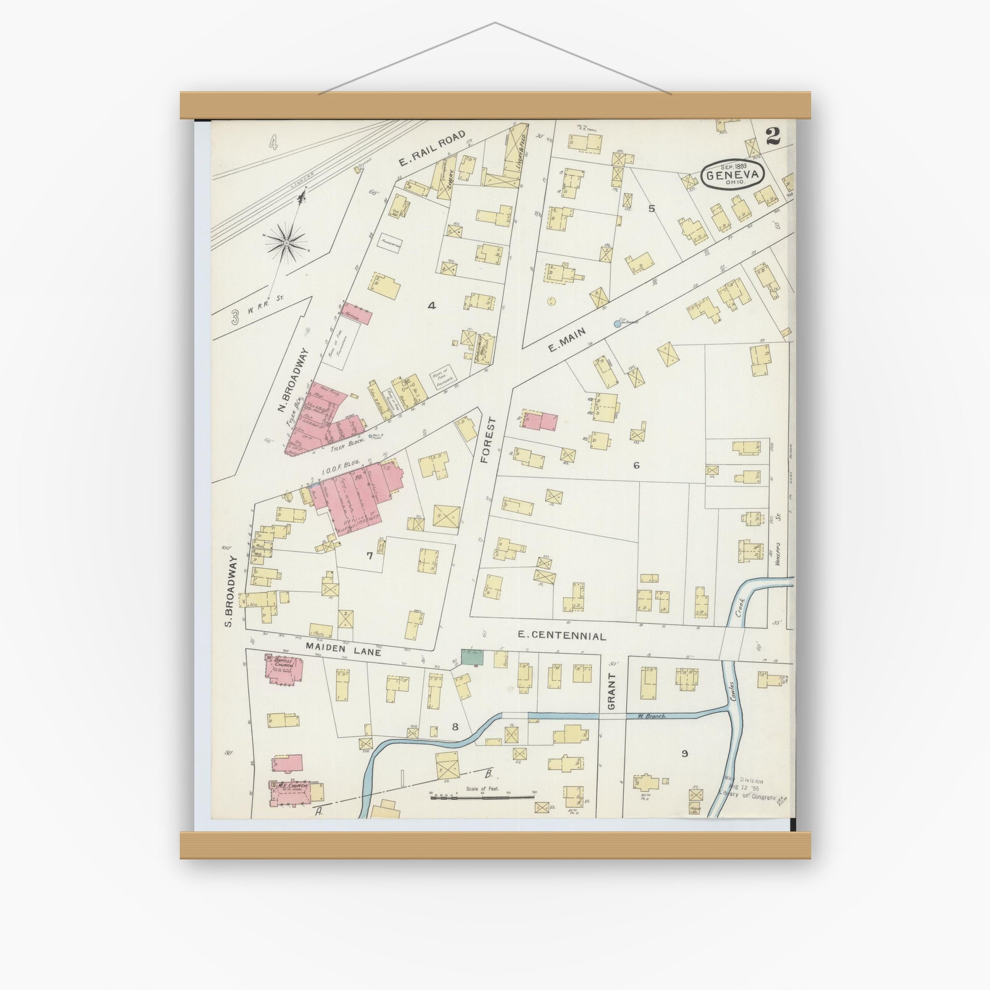 Old map wall art mockup — magnetic wood frame on white wall — Sanborn Fire Insurance Map from Geneva, Ashtabula County, Ohio (1893), Sheet #0002