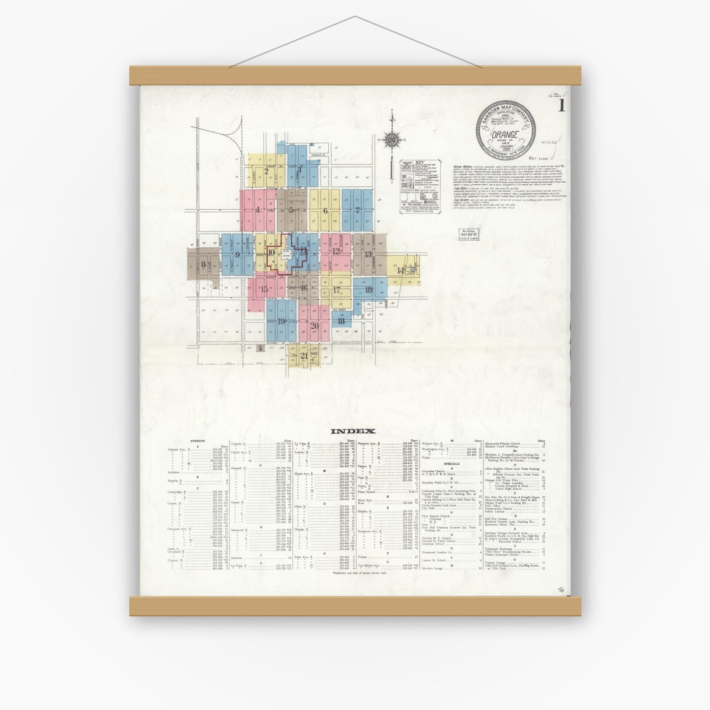 Old map wall art mockup — magnetic wood frame on white wall — Sanborn Fire Insurance Map from Orange, Orange County, California (1922) - Complete Map Set