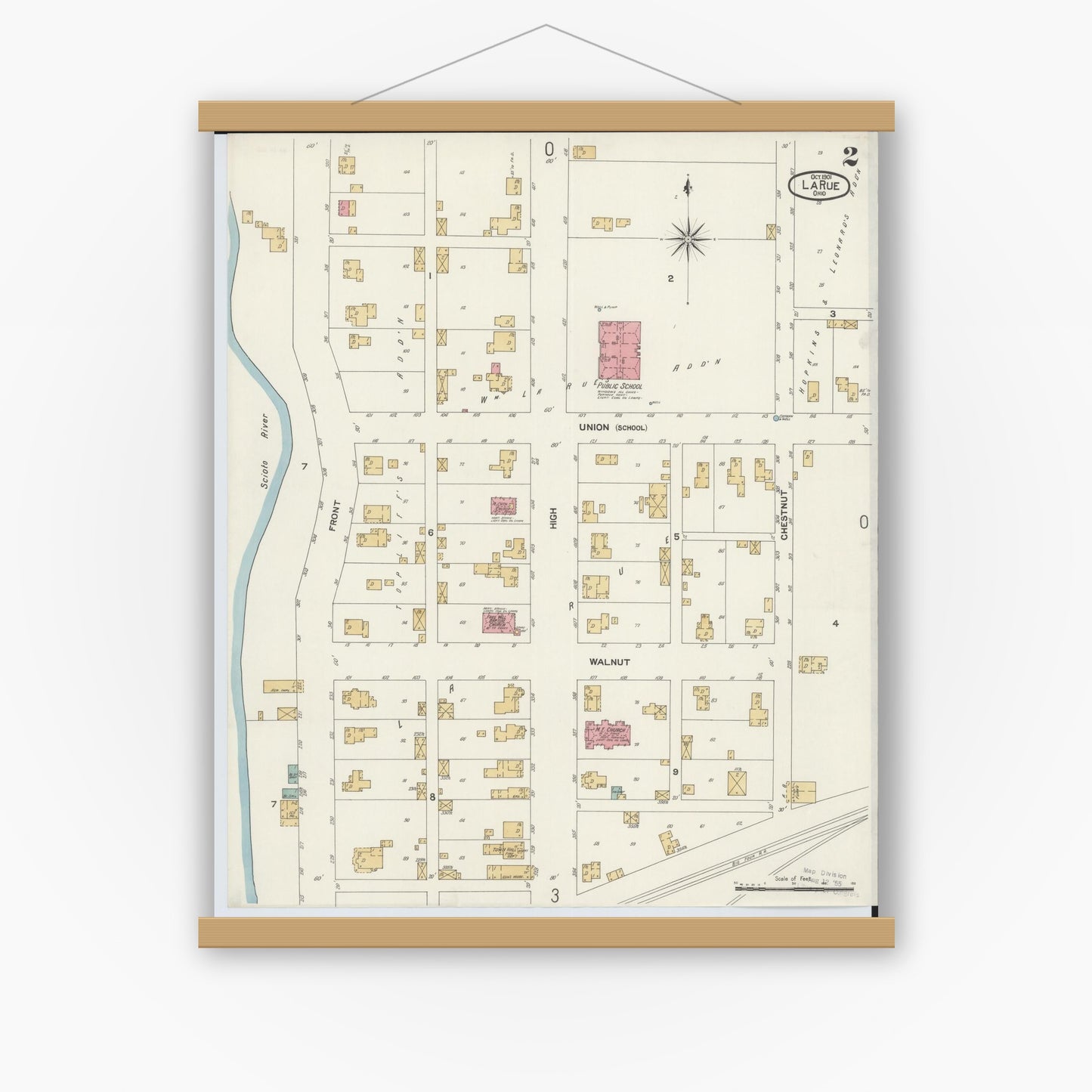 Old map wall art mockup — magnetic wood frame on white wall — Sanborn Fire Insurance Map from La Rue, Marion County, Ohio (1901), Sheet #0002