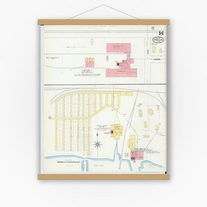 Old map wall art mockup — magnetic wood frame on white wall — Sanborn Fire Insurance Map from Cadillac, Wexford County, Michigan (1906), Sheet #0014