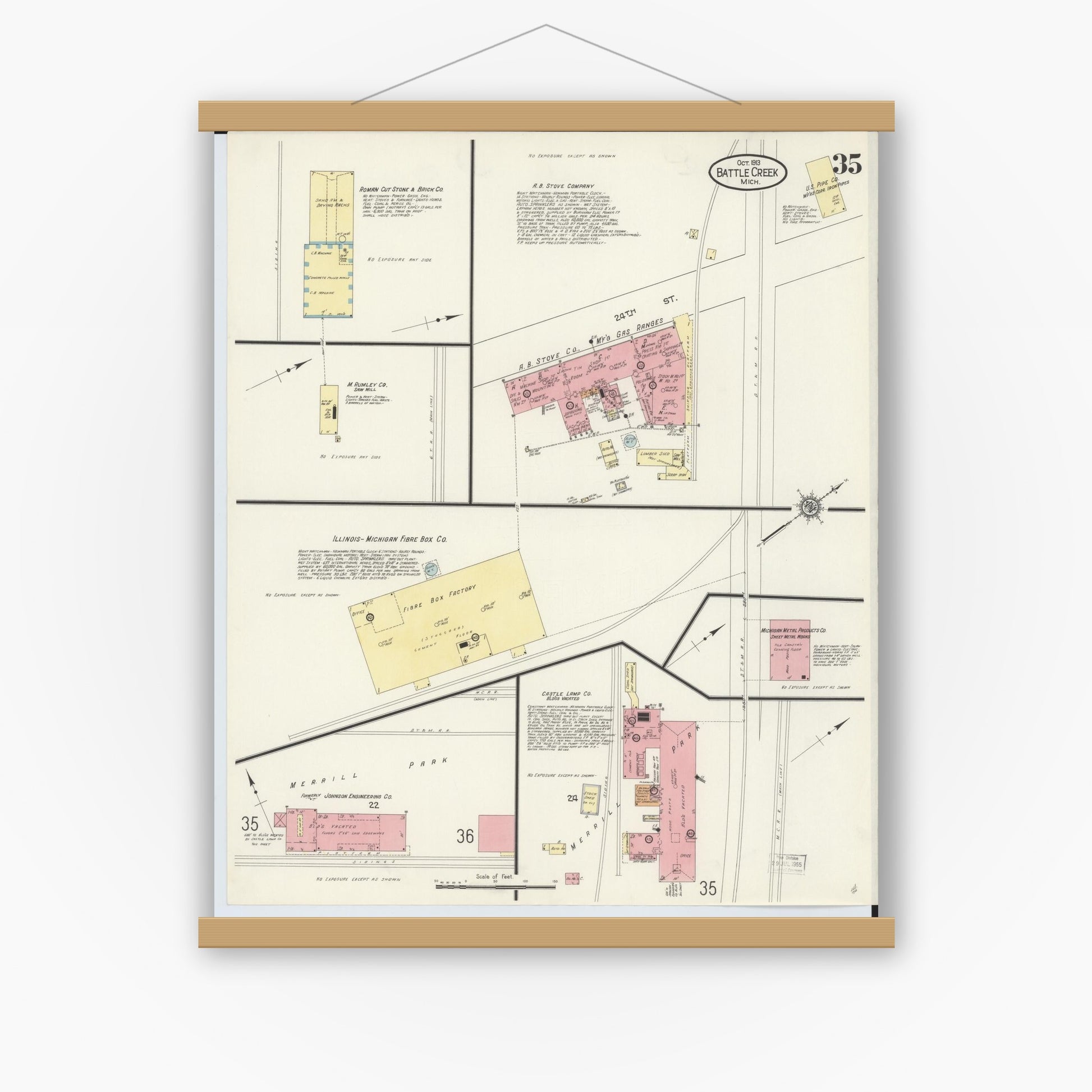 Old map wall art mockup — magnetic wood frame on white wall — Sanborn Fire Insurance Map from Battle Creek, Calhoun County, Michigan (1913), Sheet #0035